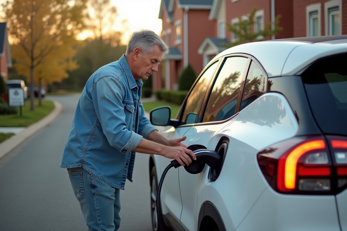Homme branchant sa voiture électrique dans une rue résidentielle