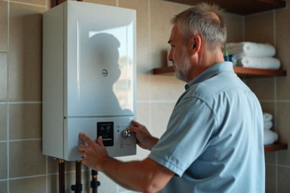 Homme d'âge moyen vérifiant un chauffe-eau électrique dans la buanderie