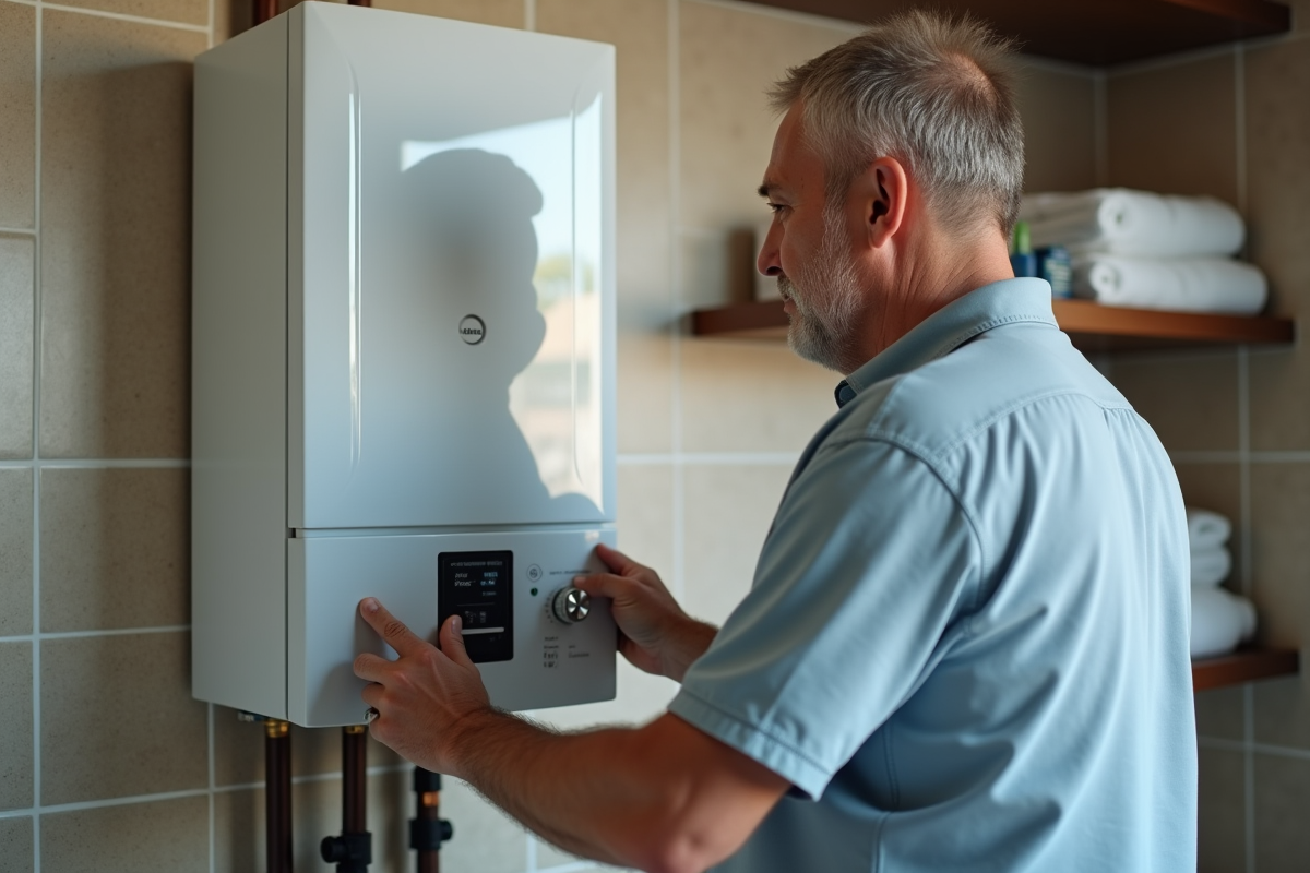 Homme d'âge moyen vérifiant un chauffe-eau électrique dans la buanderie
