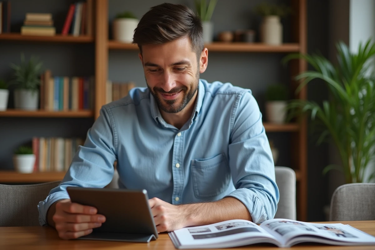 Homme consulte guides mode sur tablette à la maison