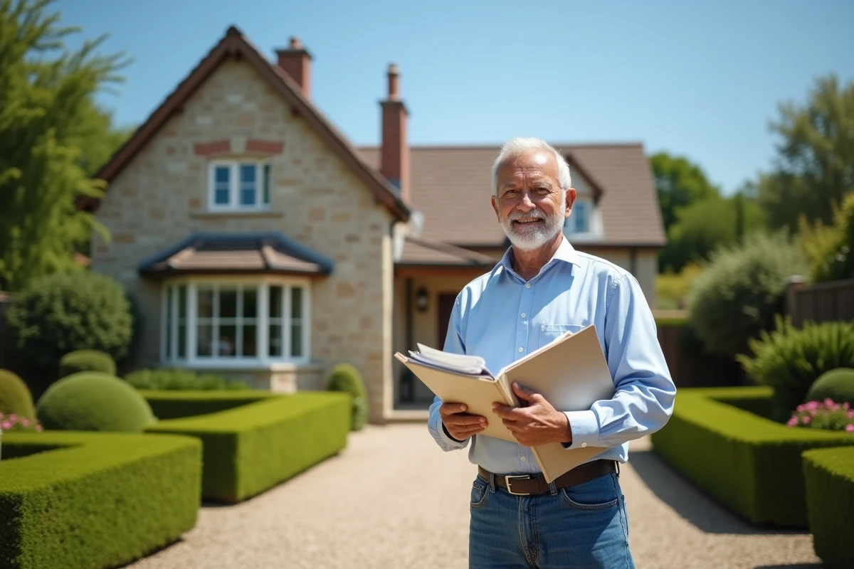 Homme senior tenant un dossier devant une maison en pierre