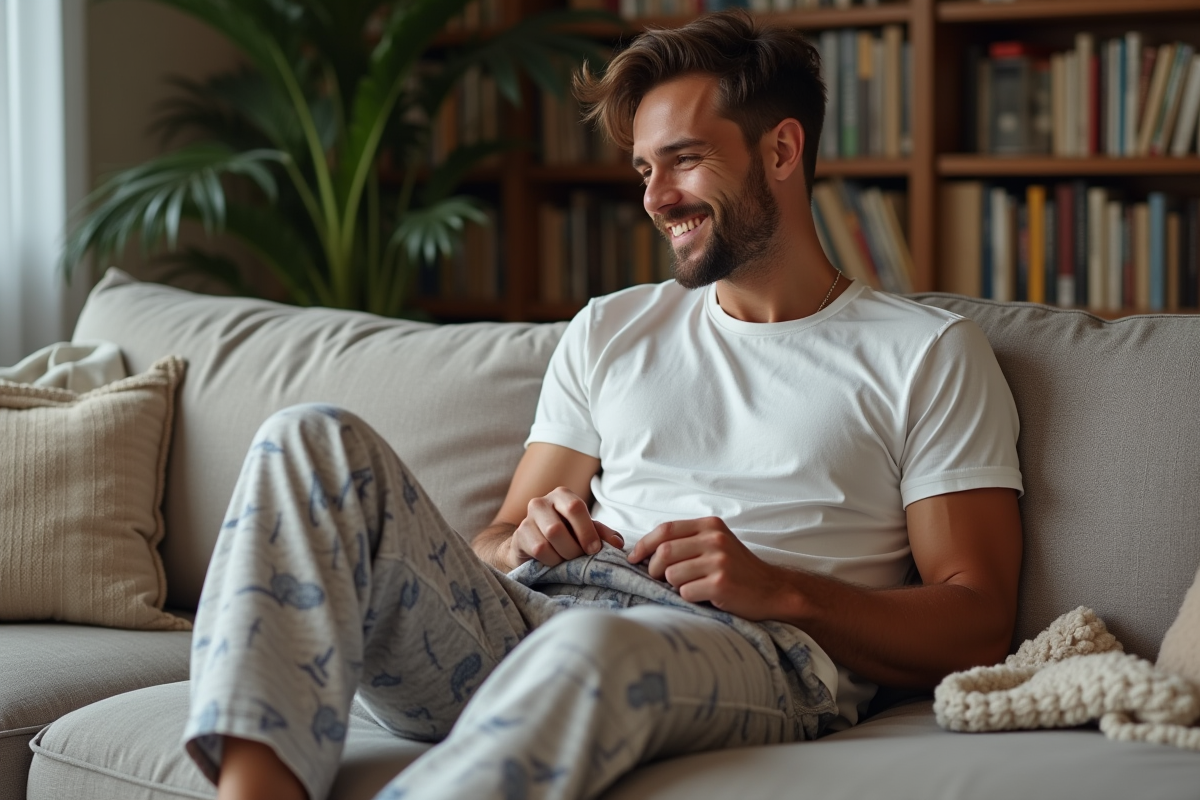 Homme en pyjama détendu dans un salon cosy
