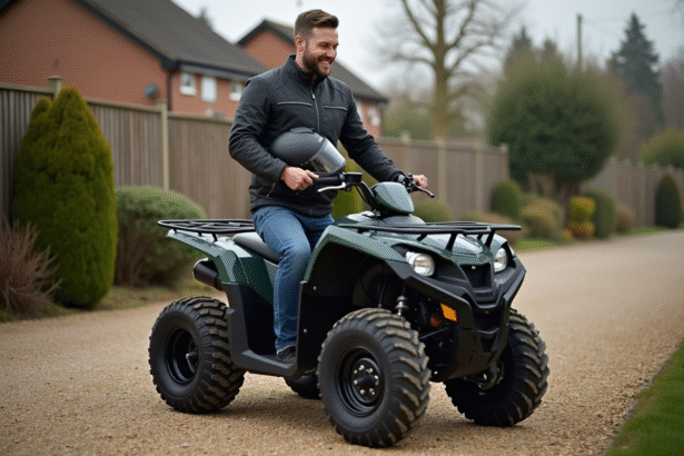 Homme souriant avec casque et moto devant quad 125cc