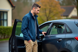 Homme ouvrant une voiture hybride dans un quartier résidentiel