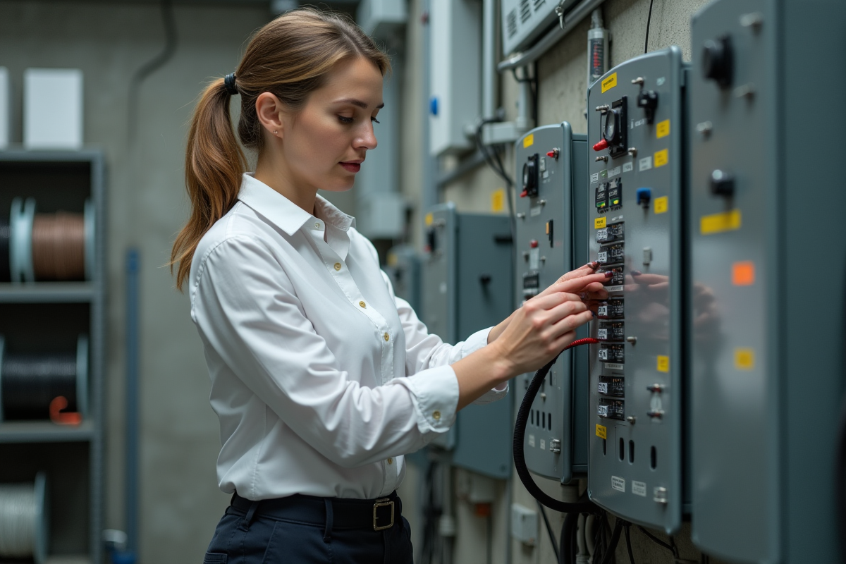 Ingénieure vérifiant un panneau photovoltaïque en intérieur