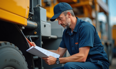 Mécanicien inspectant le système hydraulique d'un camion-grue en extérieur