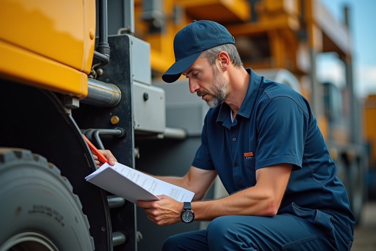 Mécanicien inspectant le système hydraulique d'un camion-grue en extérieur