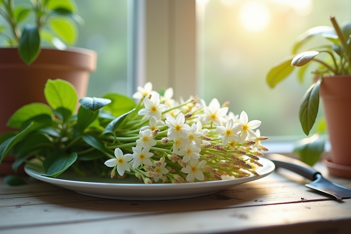 Rameaux de jasmin fraîchement coupés avec racines visibles sur une assiette blanche