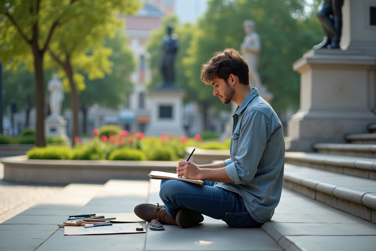 Jeune homme dessinant en plein air dans un parc urbain