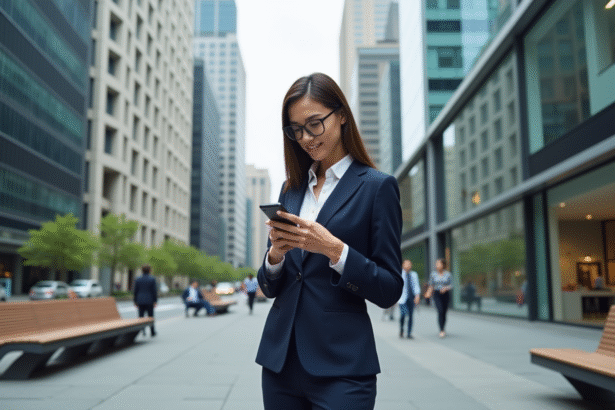 Jeune femme d'affaires confiante dans la ville moderne