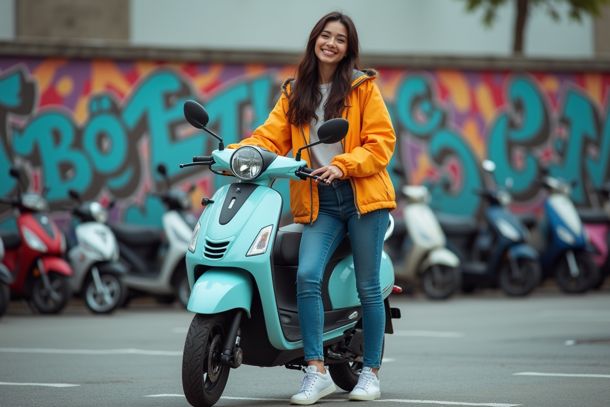 Jeune femme avec veste colorée et moto 50cc dans un parking urbain