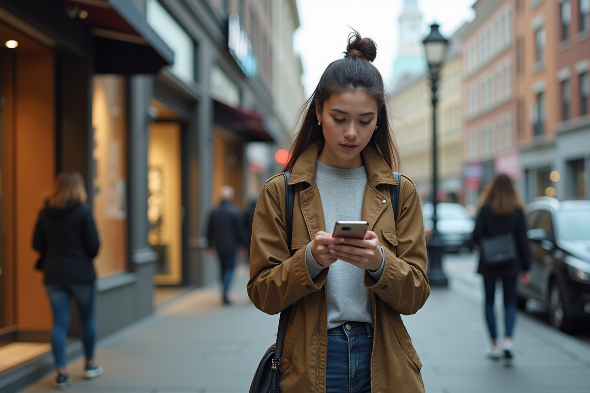 Jeune femme en streetstyle dans une ville animée