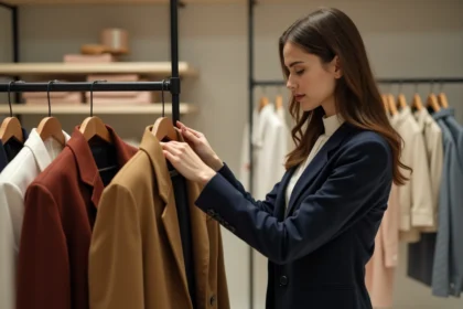 Jeune femme en blazer compare deux vestes en boutique