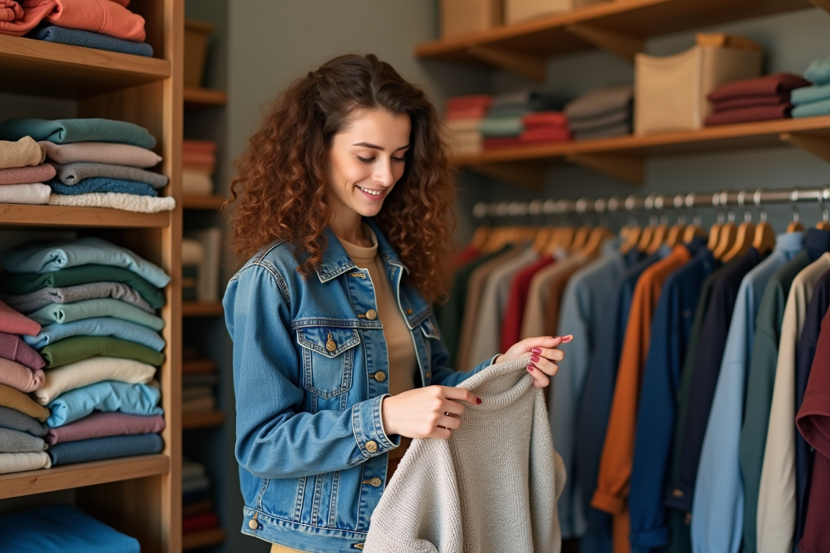 Jeune femme inspectant une étiquette de vêtement vintage dans une boutique de seconde main