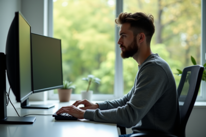 Jeune homme concentré utilisant un ordinateur haut de gamme dans un bureau moderne