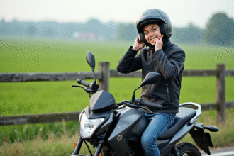 Jeune garçon souriant ajustant son casque sur une moto 50cc en campagne