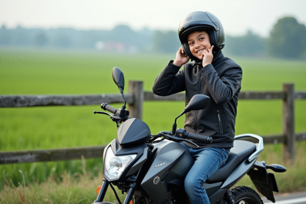 Jeune garçon souriant ajustant son casque sur une moto 50cc en campagne