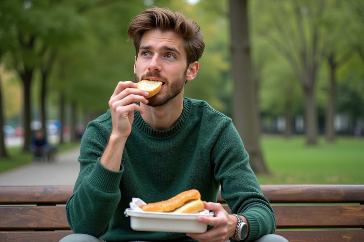 Jeune homme mangeant un sandwich au poisson dans un parc