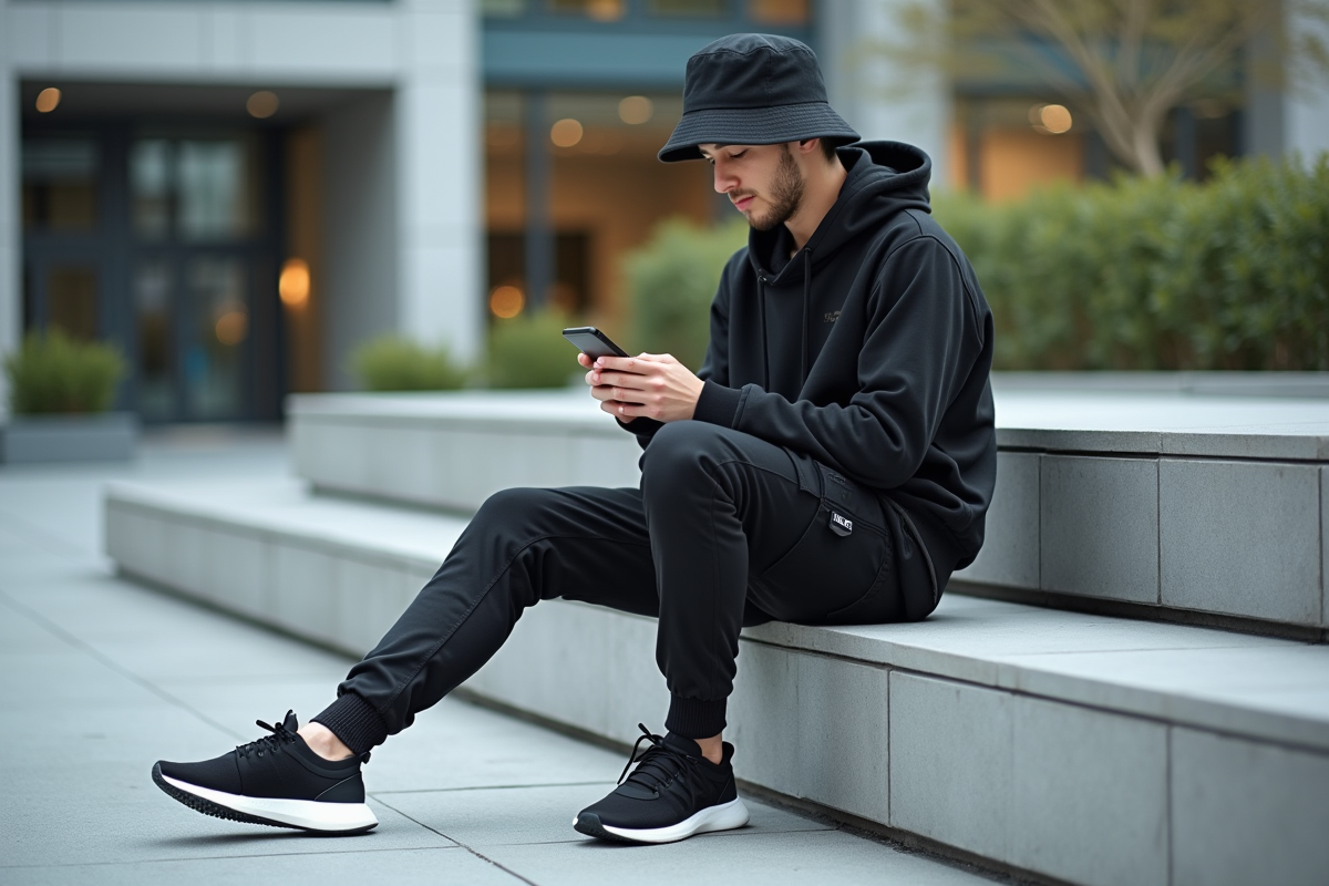 Jeune homme en streetwear moderne utilisant son smartphone en ville