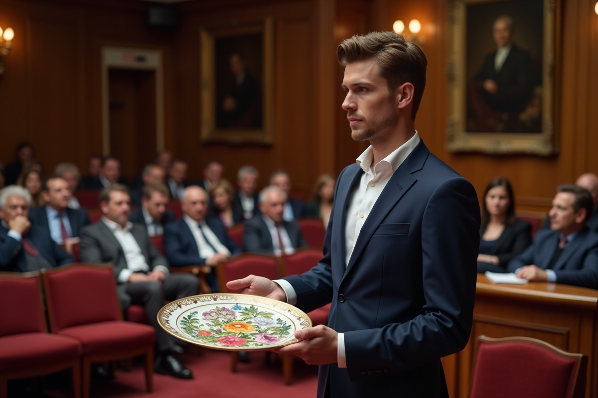 Jeune homme présentant un plat en enamel Longwy lors d