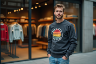 Jeune homme en streetwear devant un magasin moderne