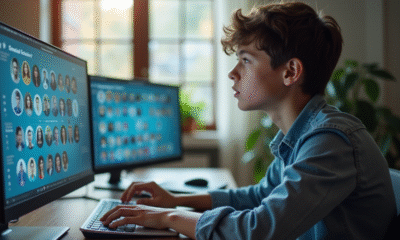 Jeune personne confiante devant un grand écran digital avec icônes sociales