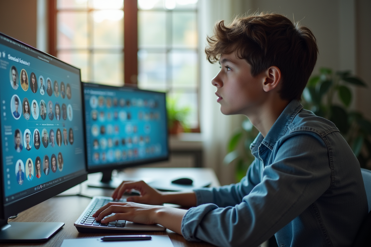 Jeune personne confiante devant un grand écran digital avec icônes sociales