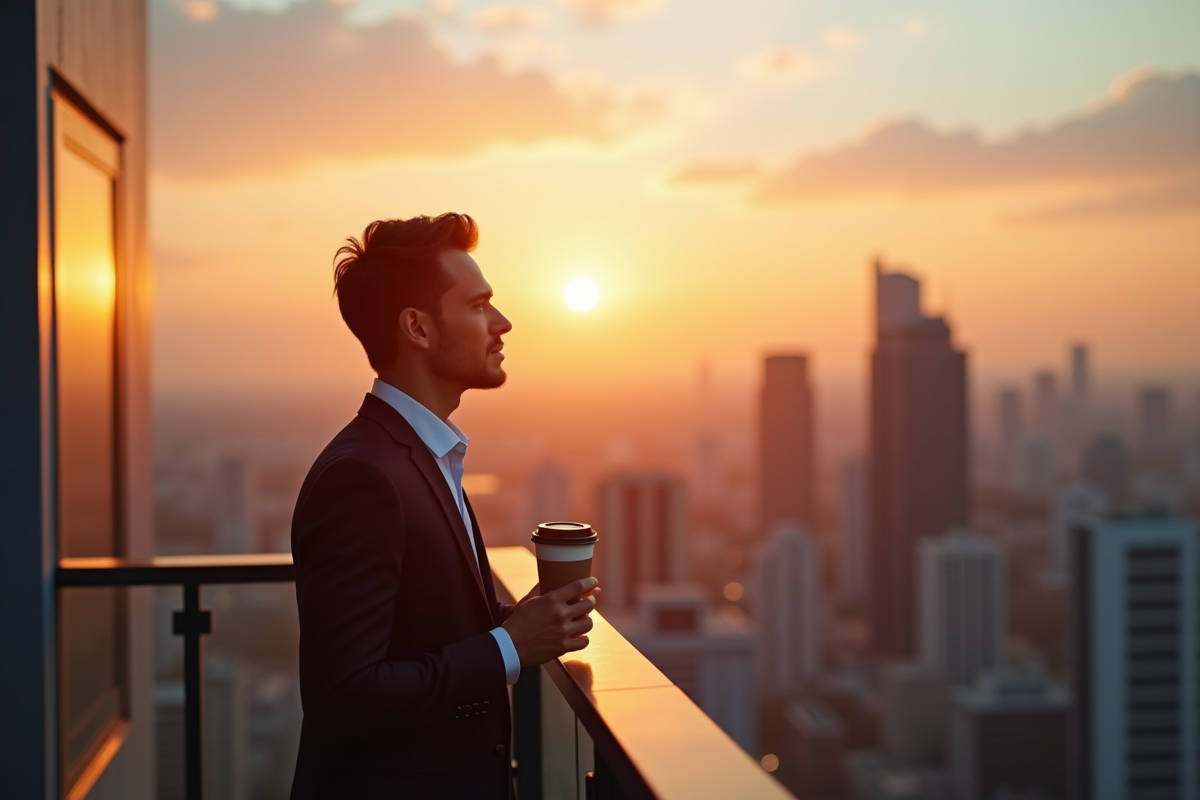 Jeune professionnel regardant l horizon depuis un balcon en ville