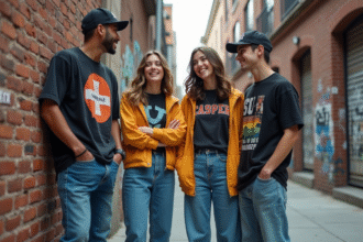 Groupe d'adolescents en streetwear 90s devant un mur graffite