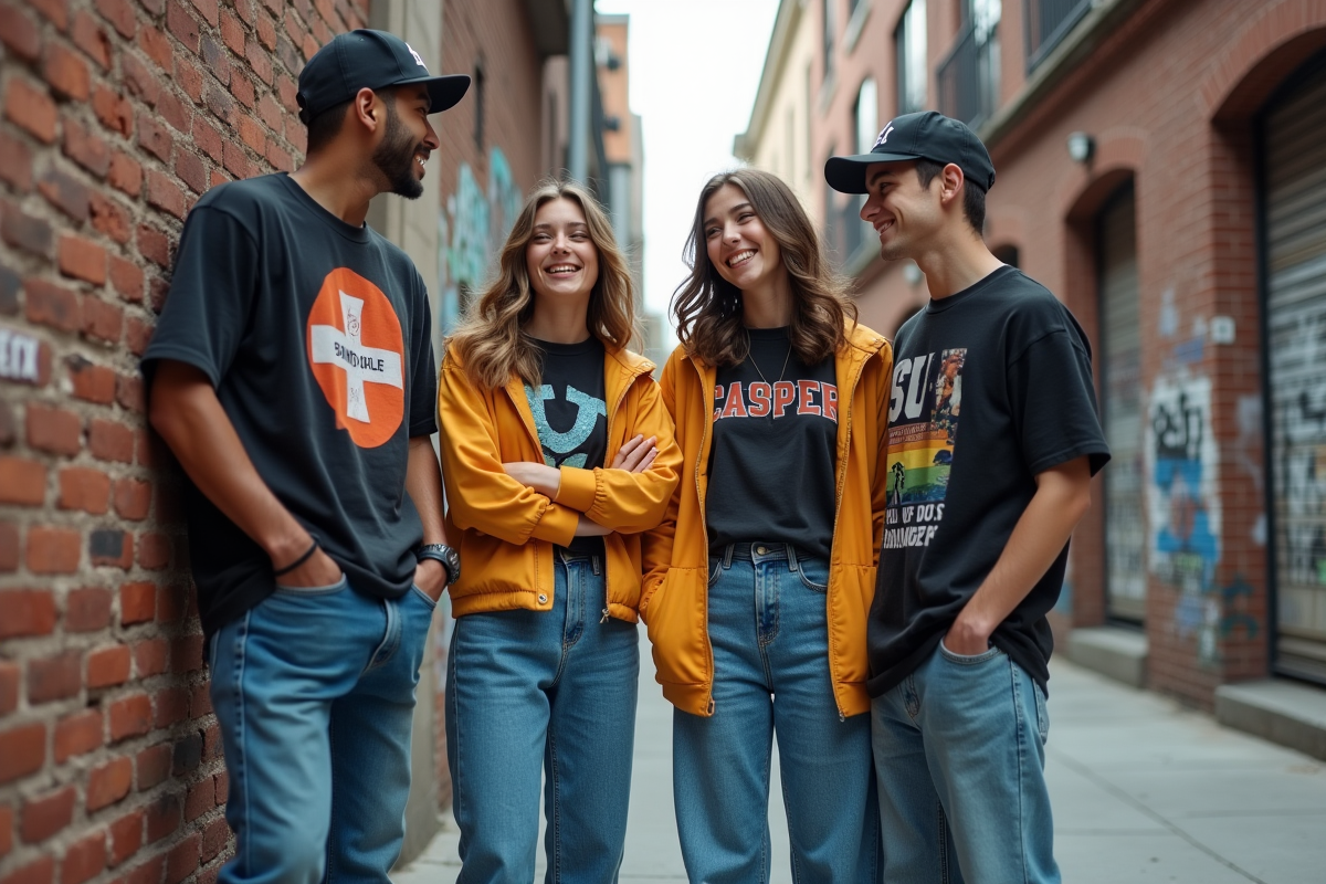 Groupe d'adolescents en streetwear 90s devant un mur graffite
