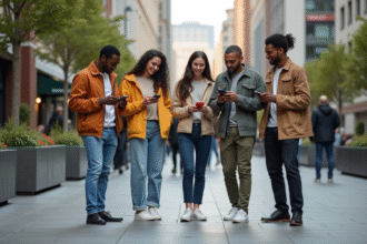 Groupe de jeunes adultes en mode urbain dans une place animée