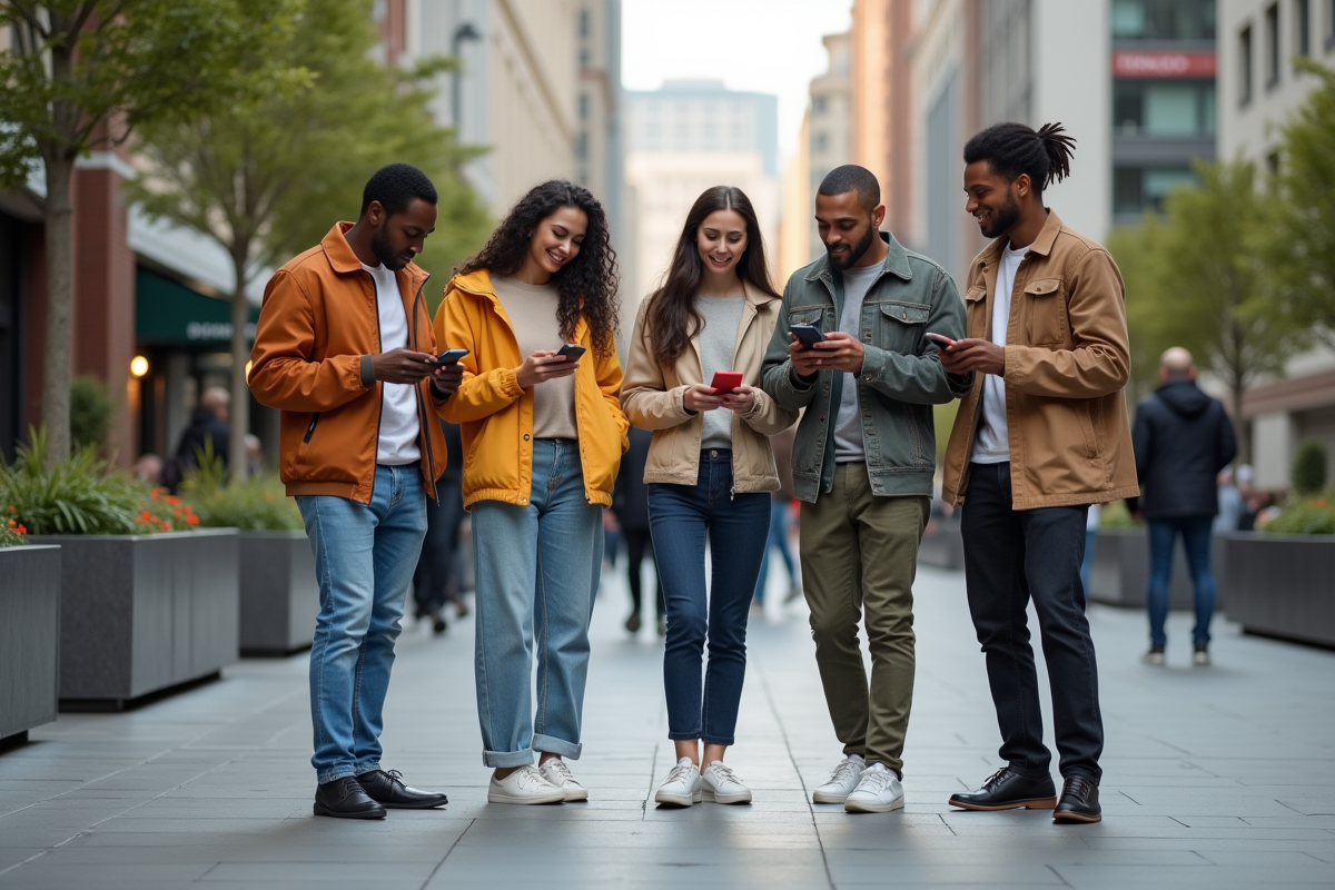 Groupe de jeunes adultes en mode urbain dans une place animée