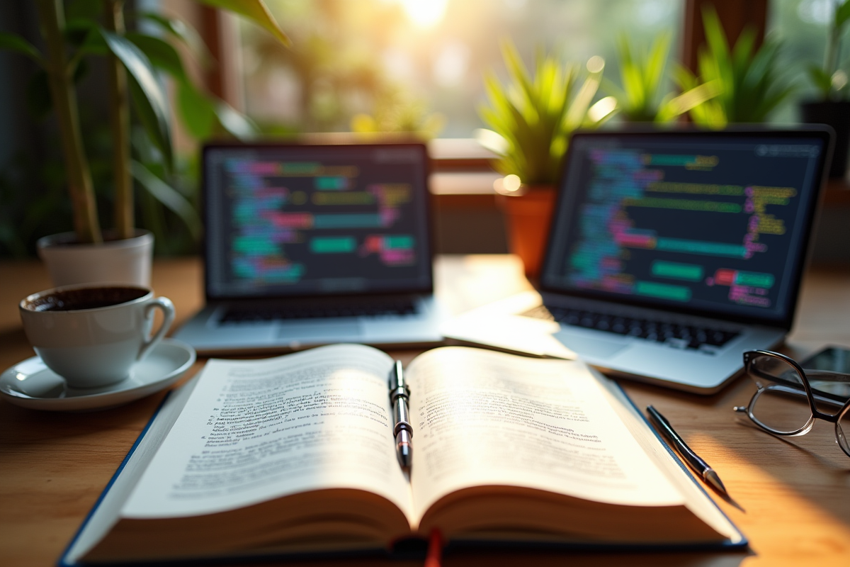 Livre de programmation ouvert avec notes sur interfaces et classes