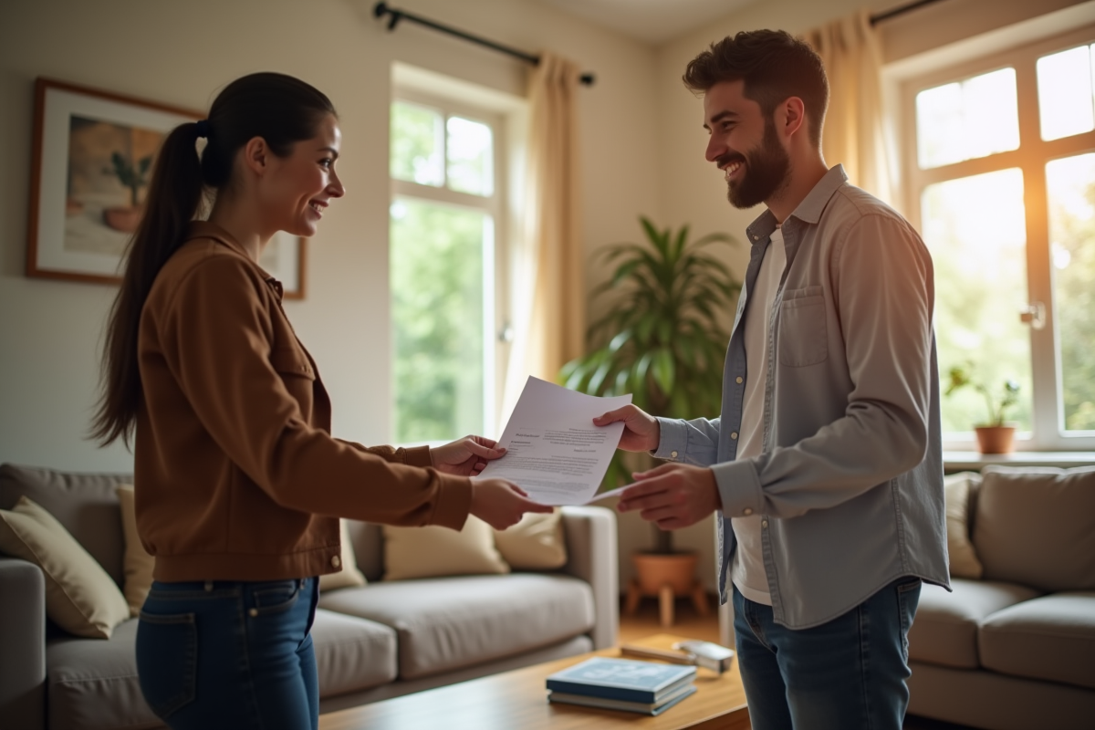 Propriétaire souriant remettant un contrat de location aux locataires