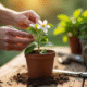 Mains délicates prenant un jasmin sur une table en bois ensoleillée