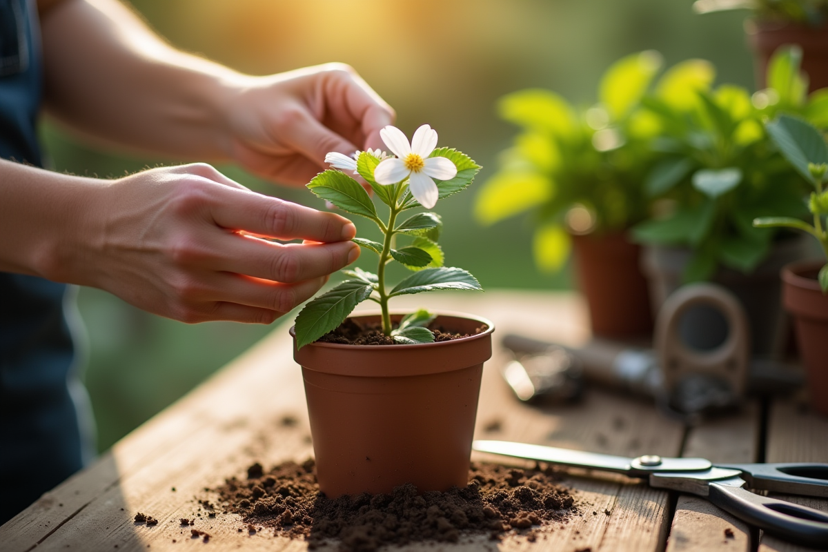 Mains délicates prenant un jasmin sur une table en bois ensoleillée