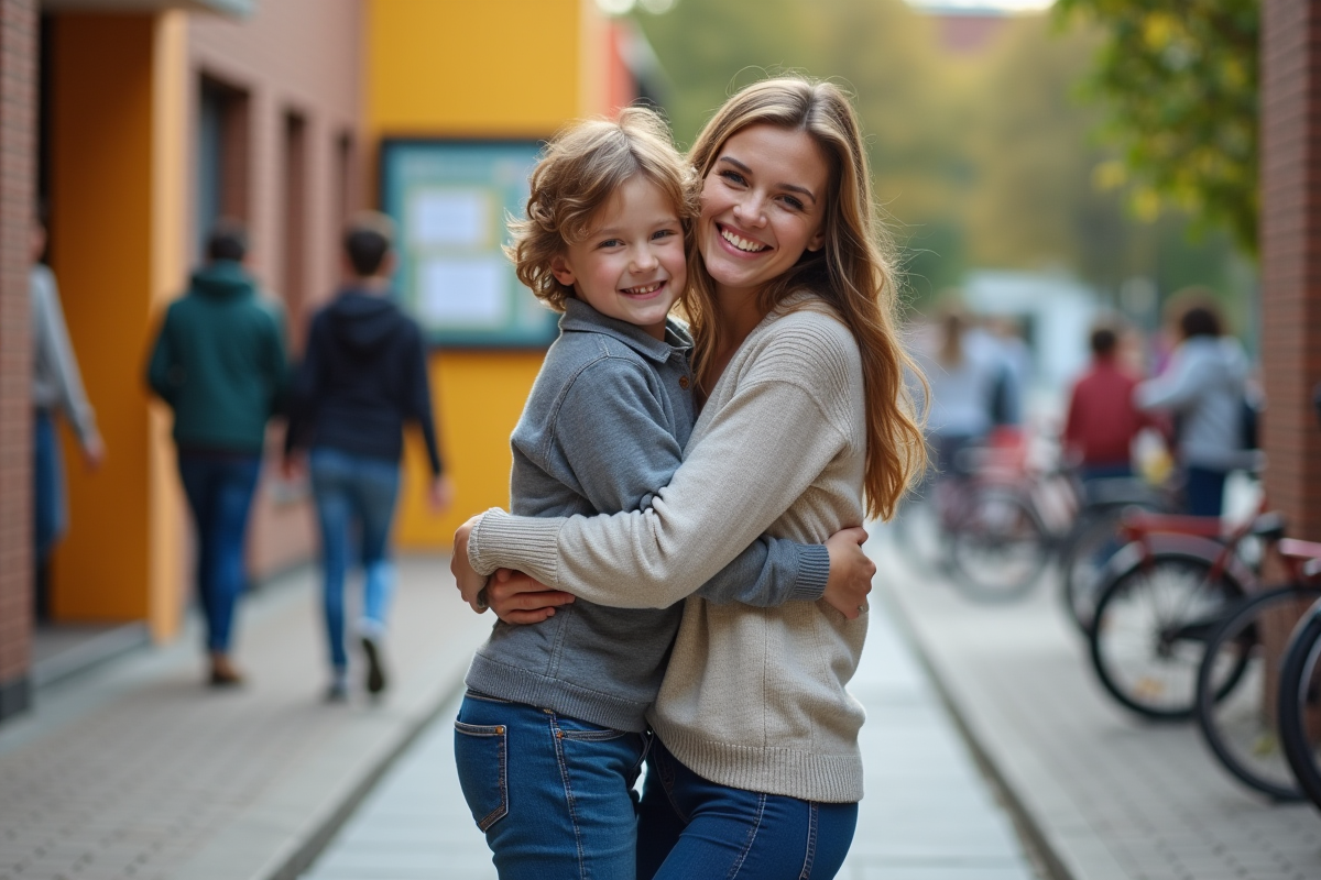 Maman embrassant son enfant devant la crèche