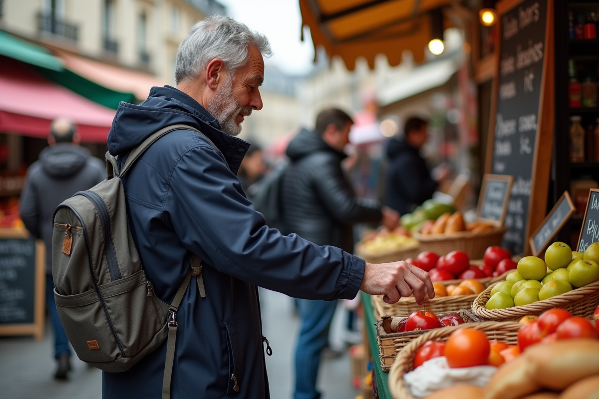 Homme achetant des fruits dans un marché parisien animé