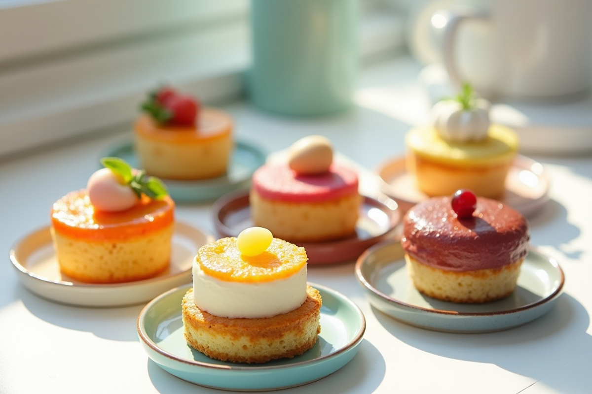 Cinq mini gâteaux chorizo et feta avec garnitures colorées