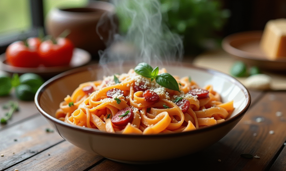 Bol de pâtes avec chorizo basilic et parmesan