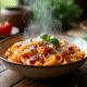 Bol de pâtes avec chorizo basilic et parmesan