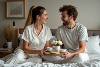 Femme souriante apportant un petit déjeuner dans un lit douillet