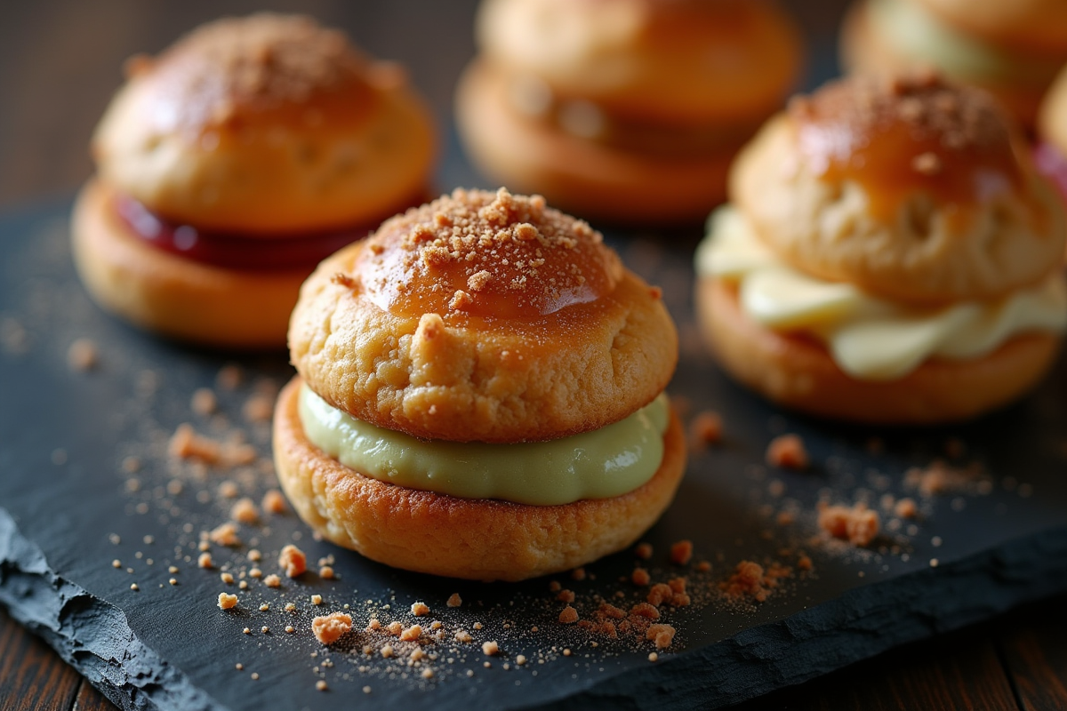 Profiteroles aux garnitures créatives comme pistache et framboise