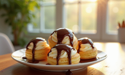 Assiette de profiteroles glacées avec sauce chocolat chaude