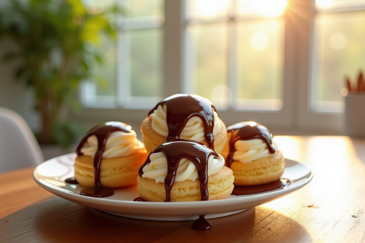 Assiette de profiteroles glacées avec sauce chocolat chaude