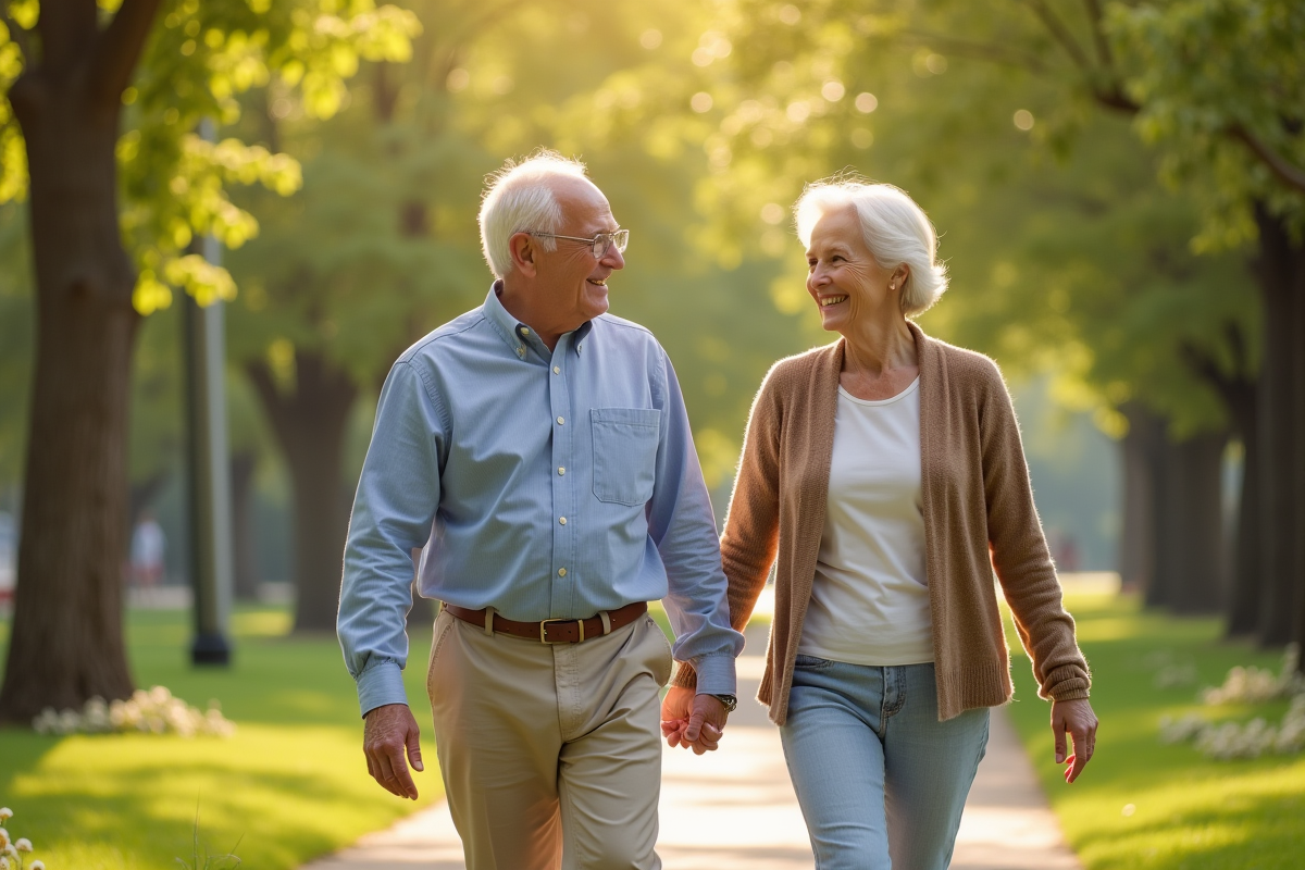Couple marche dans un parc ensoleille main dans la main