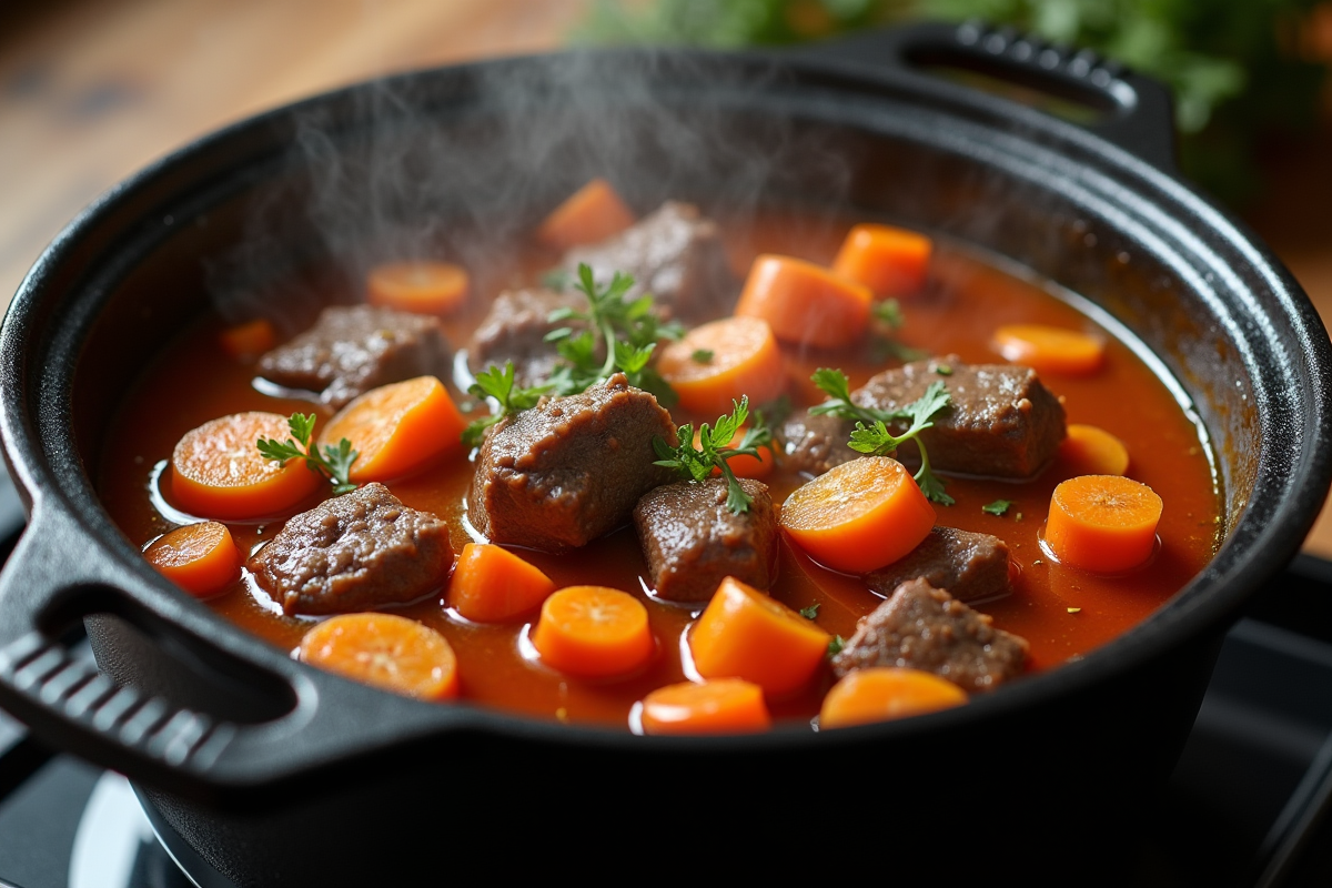Préparation du ragoût de boeuf et carottes dans une cocotte en fonte