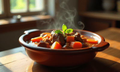 Ragoût de boeuf et carottes dans un bol en céramique rustique