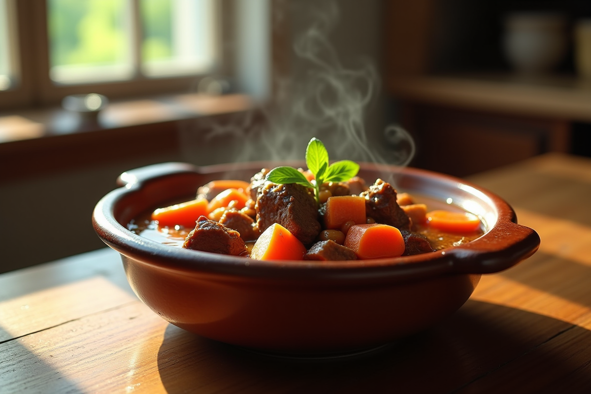 Ragoût de boeuf et carottes dans un bol en céramique rustique