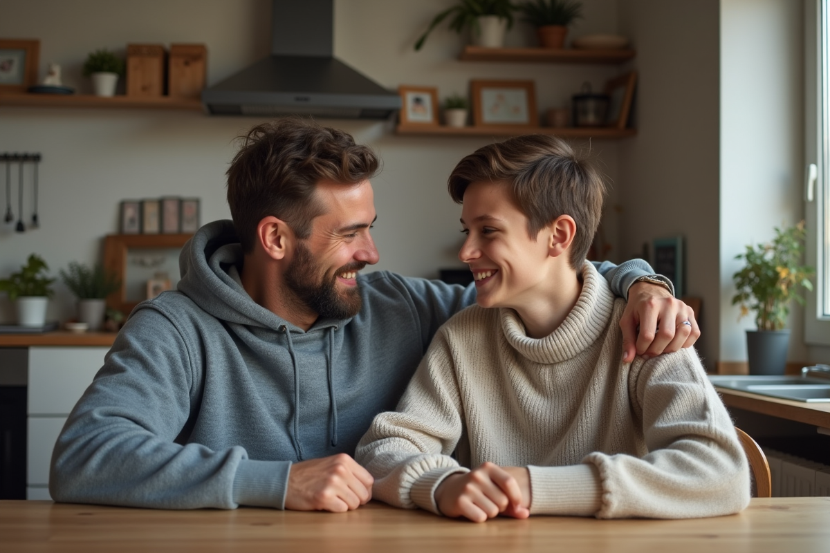 Père et adolescent souriant dans la cuisine familiale